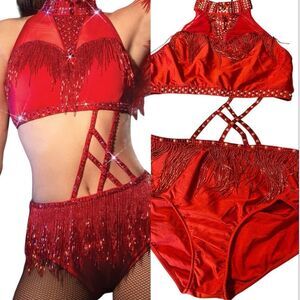 Glamour solo dance costume custom red fringe rhinestone embellished leotard XLA
